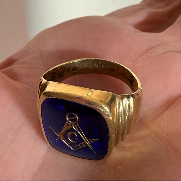 Vintage 1940’ Art deco Gold Fill cobalt Blue Glass Mason Signet Ring - Picture 10 of 16